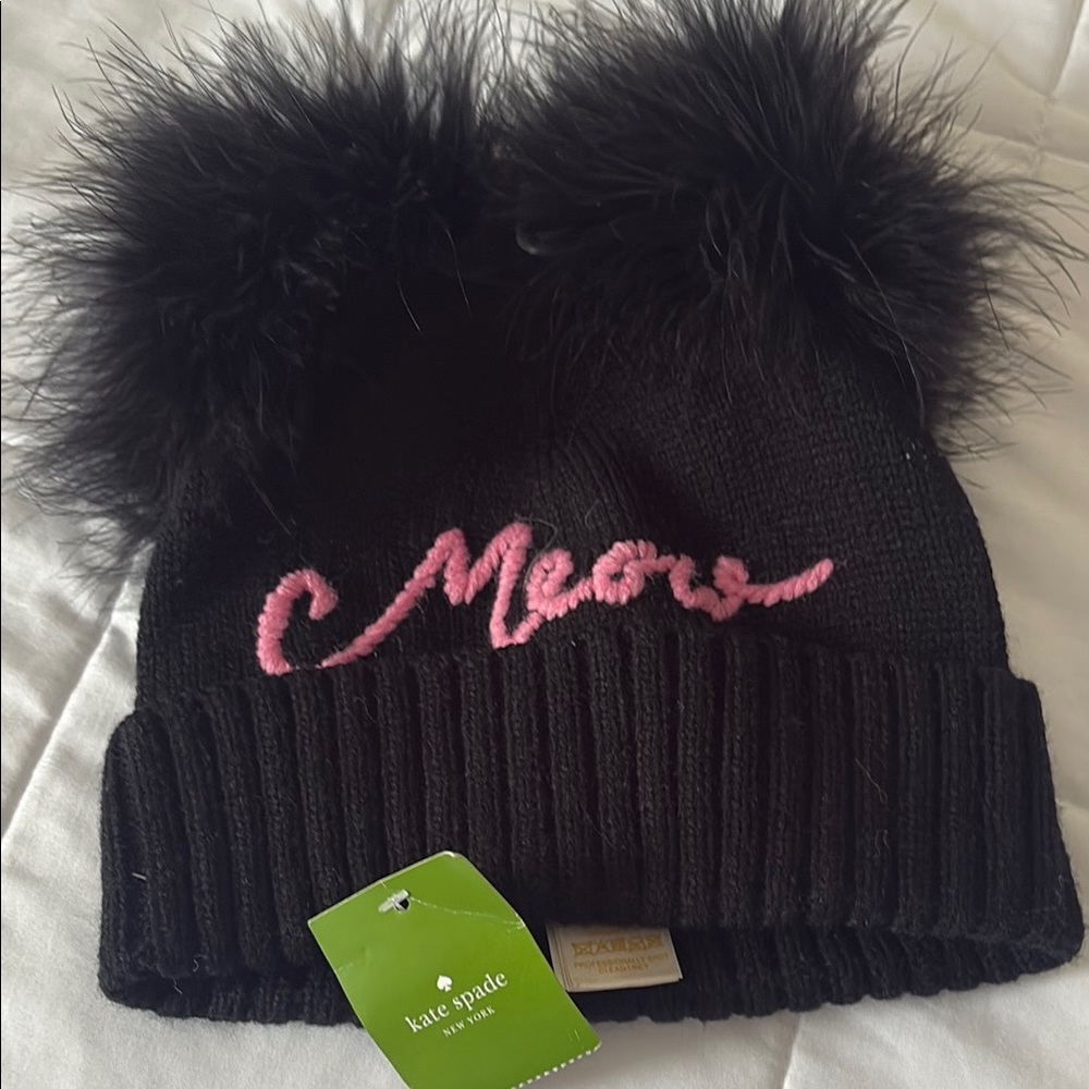 Kate Spade Black and Pink Knit Beanie with Pom-Poms